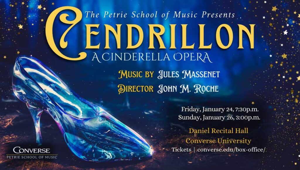 Promo poster for Cendrillon with single glass slipper surrounded by stars