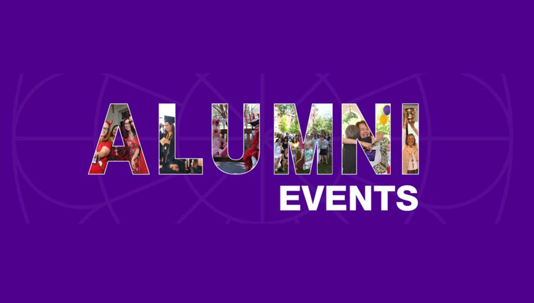 The words 'Alumni Events' against a deep purple background