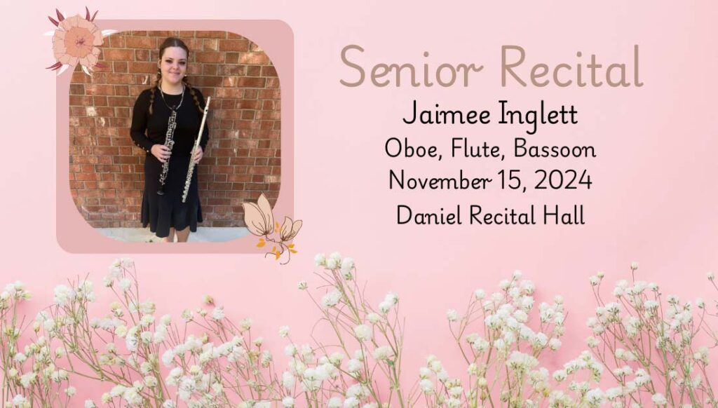 Jaimee Inglett holds a flute and oboe.