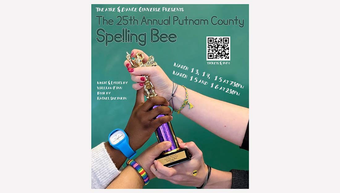 Students fighting over a trophy with the words, "The 25th Annual Putnam County Spelling Bee."