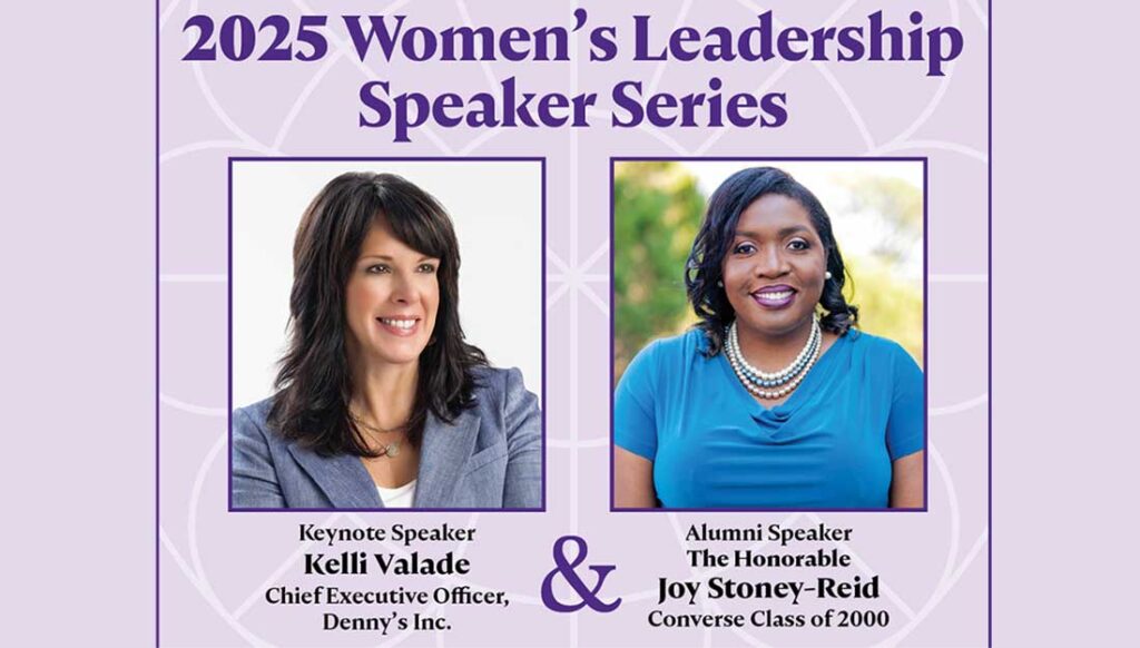 Headshots of Kelli Valade and Joy Stoney-Reid with the text, Converse Womens Leadership Speaker Series 2025"